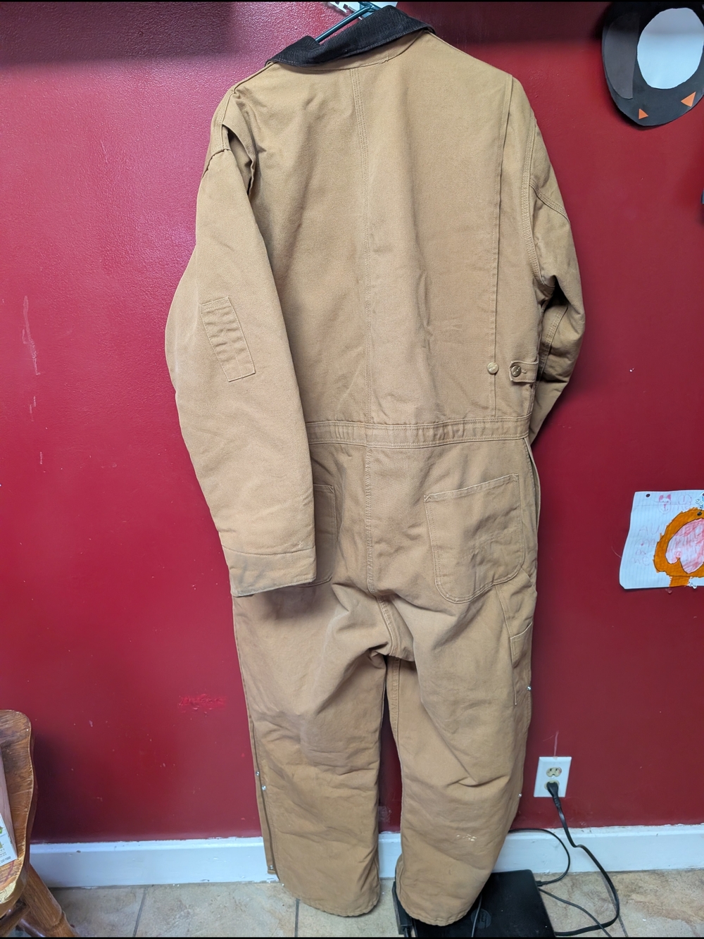 Carhartt Tan Duck Coverall with Black Corduroy Collar and Red Lining - Picture 6 of 6
